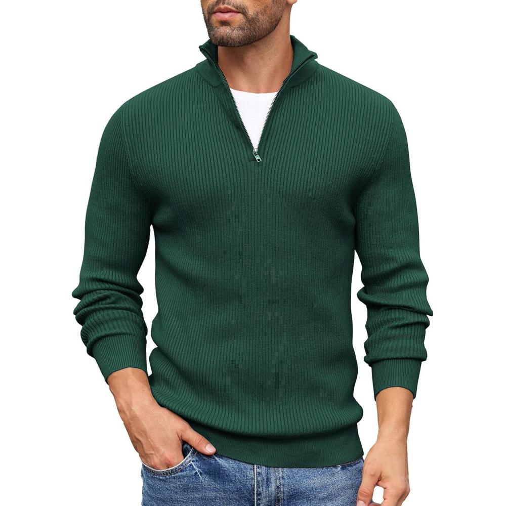 imageCOOFANDY Mens Quarter Zip Sweaters Slim Fit Mock Neck Pullover Sweaters Lightweight Knitted Polo SweaterGreen