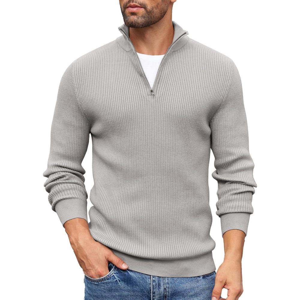 imageCOOFANDY Mens Quarter Zip Sweaters Slim Fit Mock Neck Pullover Sweaters Lightweight Knitted Polo SweaterLight Grey
