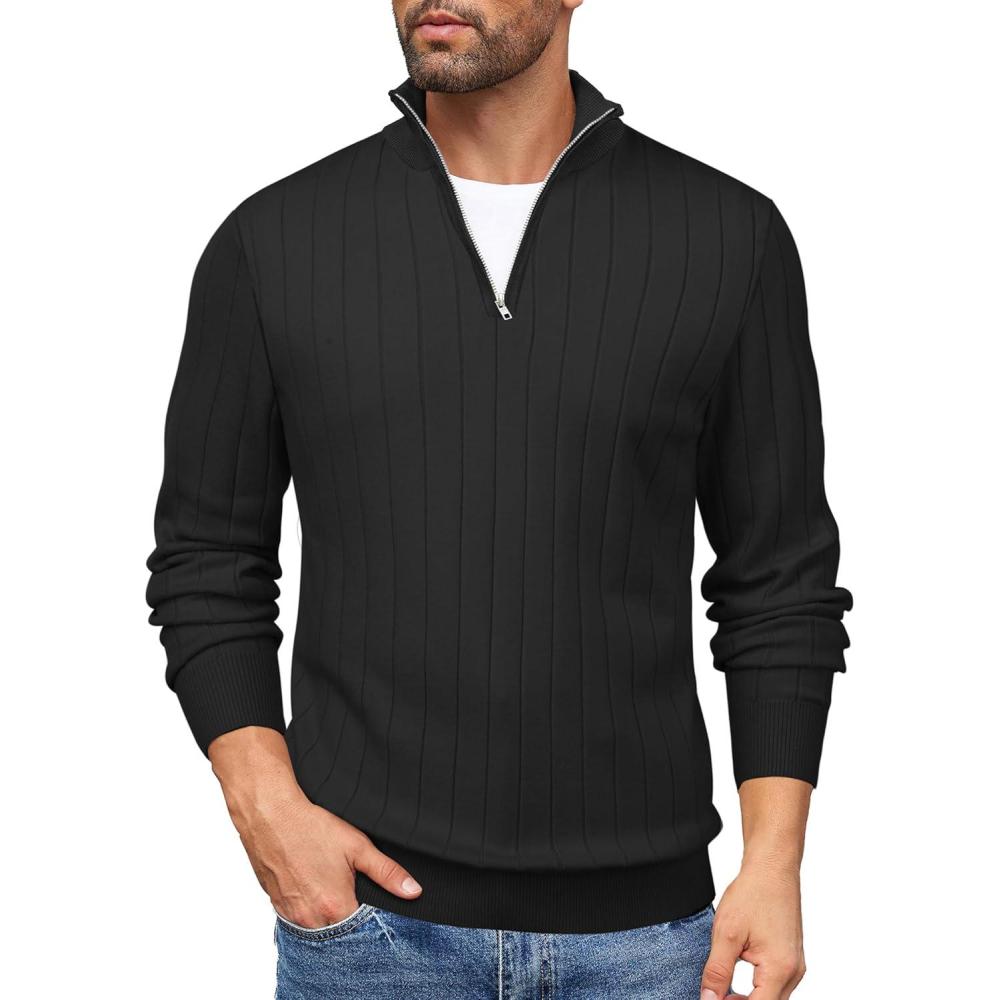 imageCOOFANDY Mens Quarter Zip Sweaters Slim Fit Mock Neck Pullover Sweaters Lightweight Knitted Polo SweaterRibbed Black