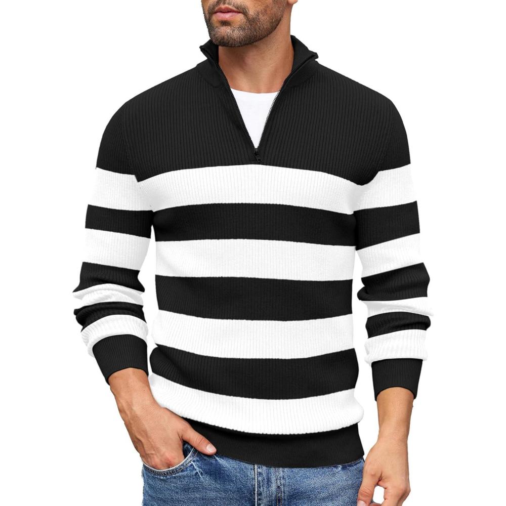 imageCOOFANDY Mens Quarter Zip Sweaters Slim Fit Mock Neck Pullover Sweaters Lightweight Knitted Polo SweaterStripe Black White