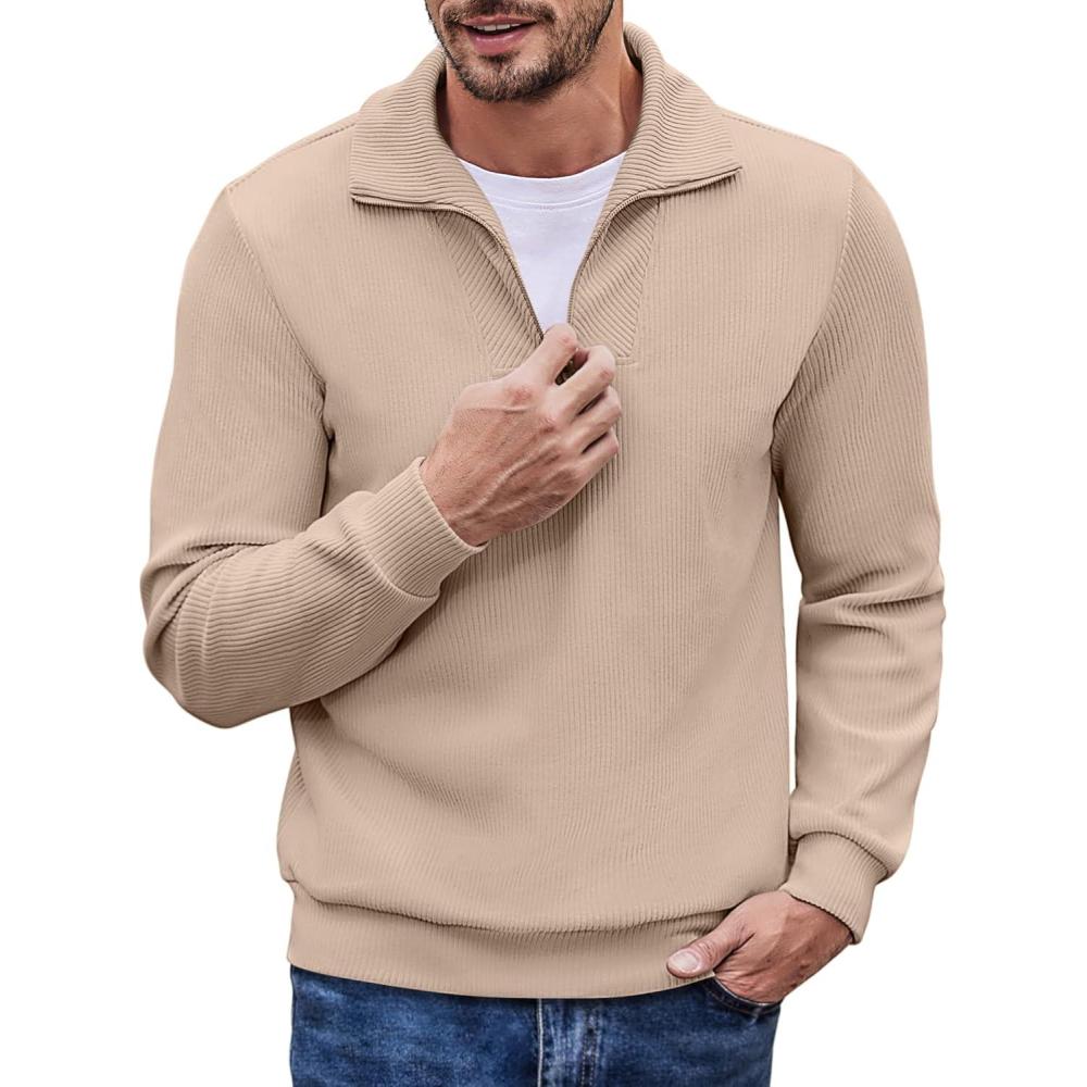 imageCOOFANDY Mens Quarter Zip Up Pullover Mock Neck Long Sleeve Sweater Casual Corduroy Polo SweatshirtLight Khaki