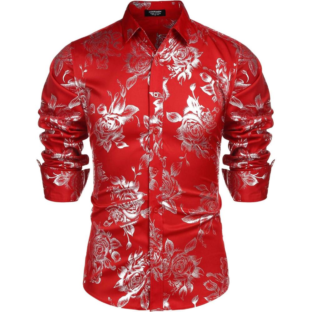 imageCOOFANDY Mens Rose Shiny Shirt Luxury Flowered Printed Button Down ShirtRed Long Sleeve