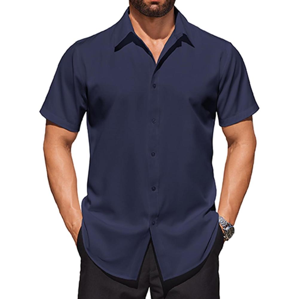 imageCOOFANDY Mens Short Sleeve Dress Shirts Stretch Wrinkle Free Button Down Shirt Casual Summer TopNavy Blue