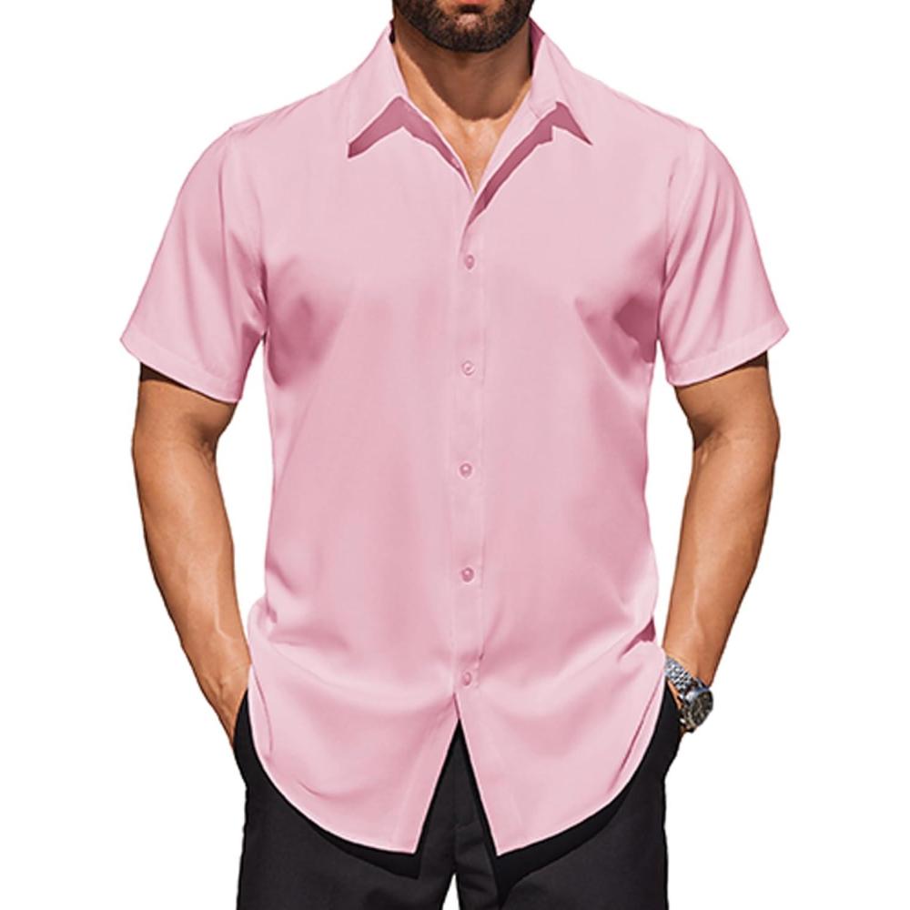 imageCOOFANDY Mens Short Sleeve Dress Shirts Stretch Wrinkle Free Button Down Shirt Casual Summer TopPink