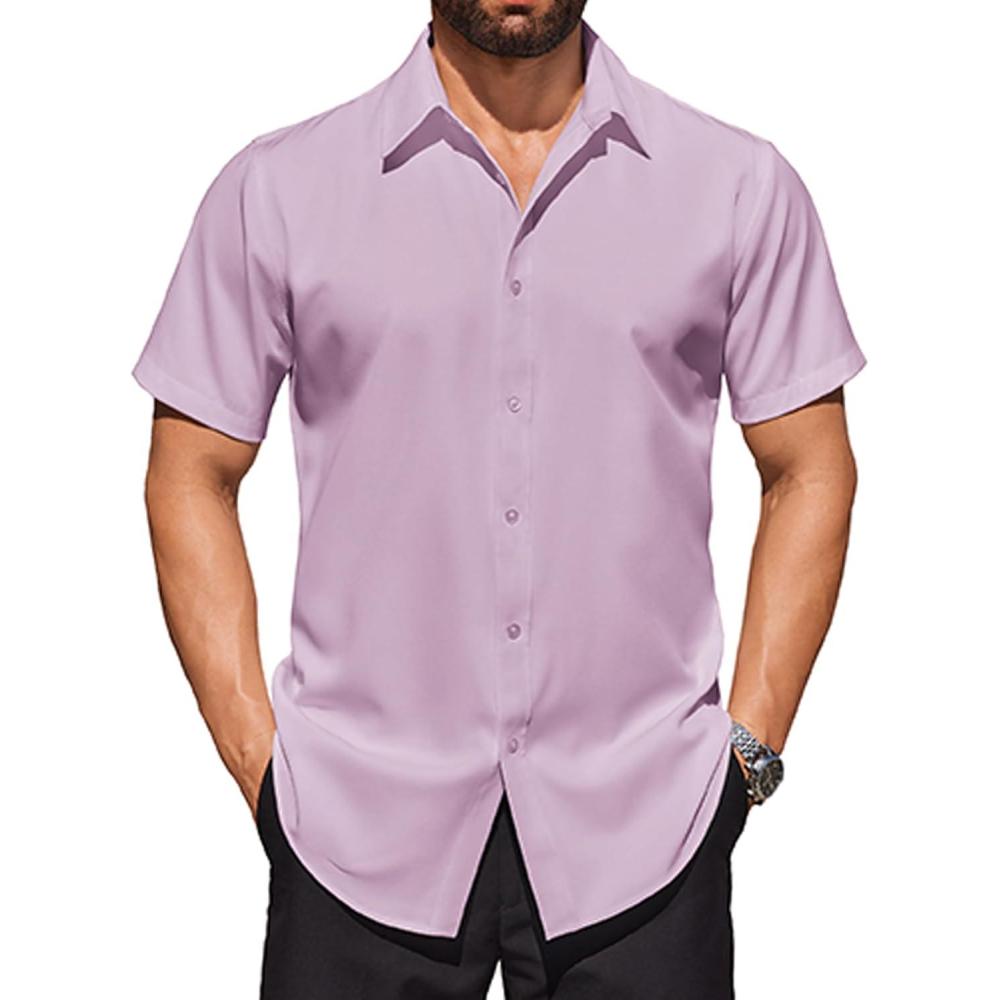 imageCOOFANDY Mens Short Sleeve Dress Shirts Stretch Wrinkle Free Button Down Shirt Casual Summer TopPurple