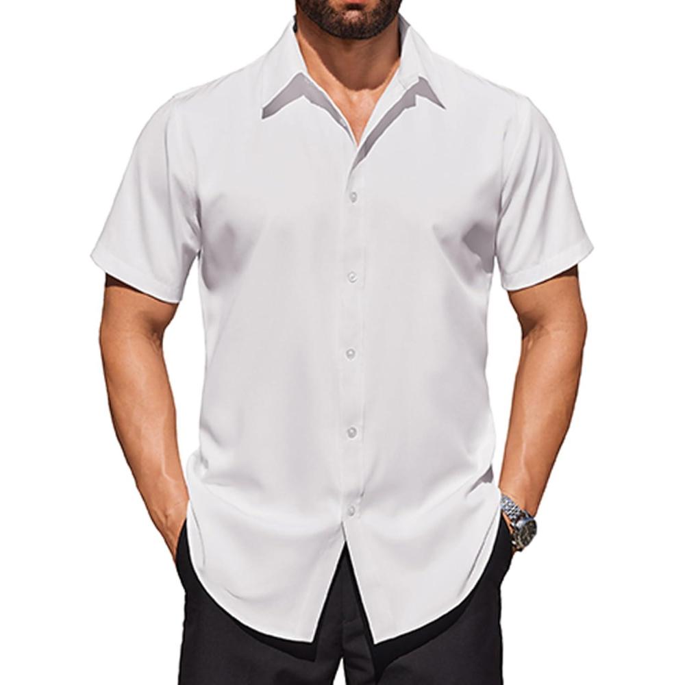 imageCOOFANDY Mens Short Sleeve Dress Shirts Stretch Wrinkle Free Button Down Shirt Casual Summer TopWhite