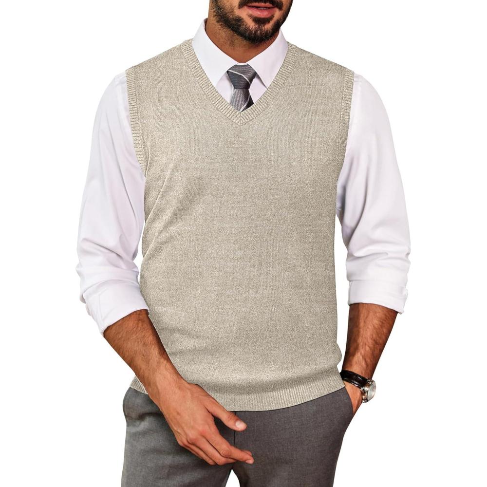 imageCOOFANDY Mens Sleeveless Sweater Vest Lightweight VNeck Cotton Vest Pullover1 Apricot