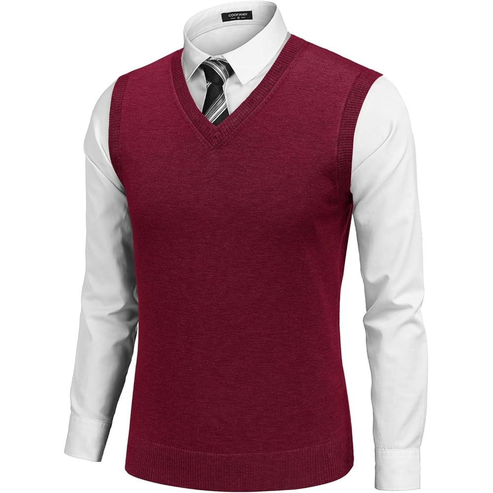imageCOOFANDY Mens Sleeveless Sweater Vest Lightweight VNeck Cotton Vest Pullover1 Dark Red