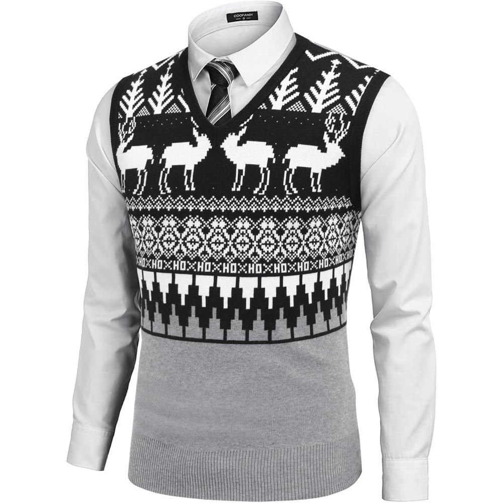 imageCOOFANDY Mens Sleeveless Sweater Vest Lightweight VNeck Cotton Vest PulloverChristmas Elk  Grey