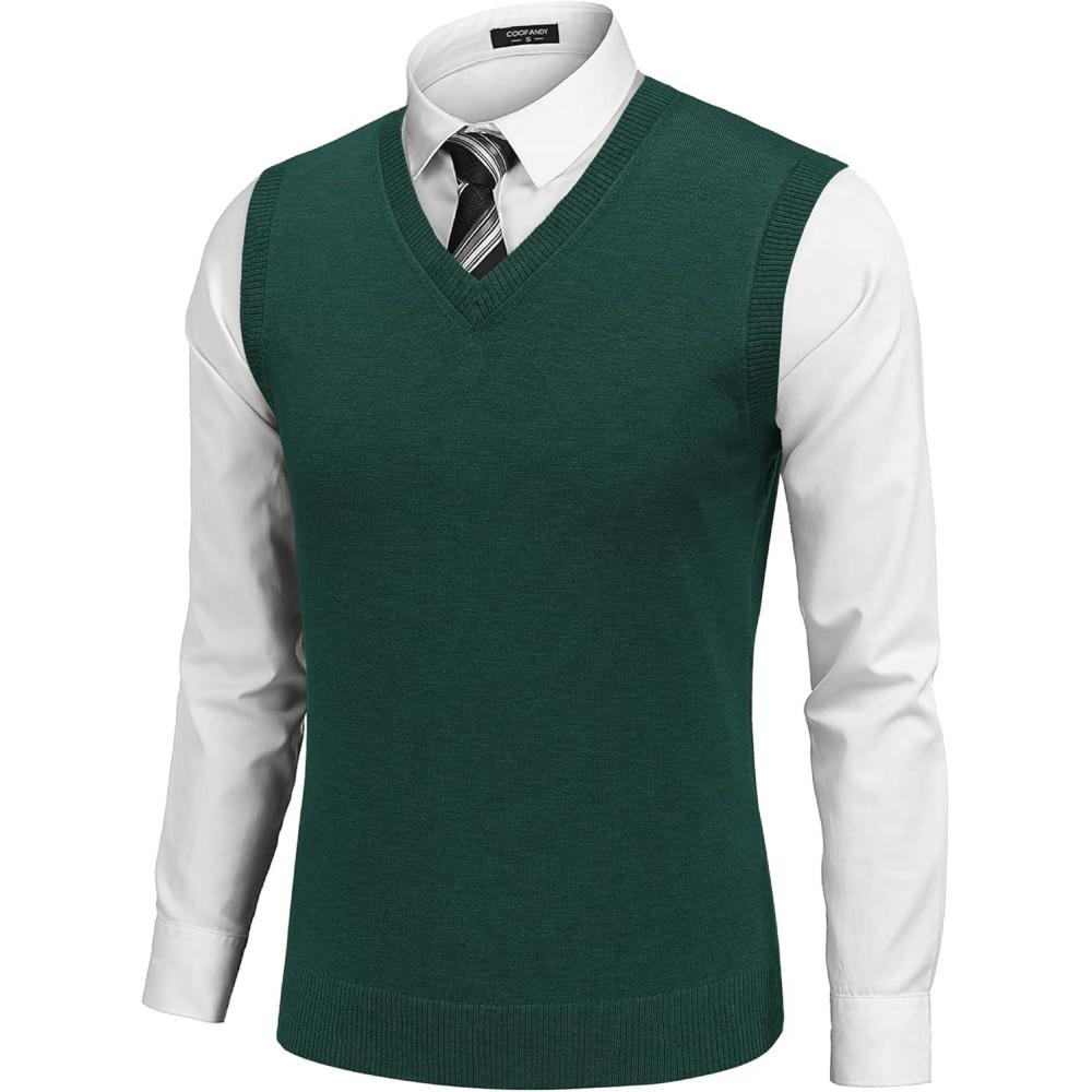 imageCOOFANDY Mens Sleeveless Sweater Vest Lightweight VNeck Cotton Vest PulloverGreen