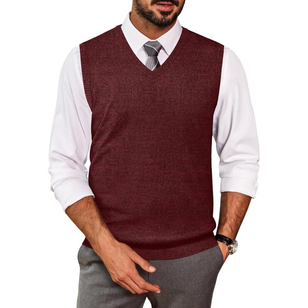imageCOOFANDY Mens Sleeveless Sweater Vest Lightweight VNeck Cotton Vest PulloverWine Red
