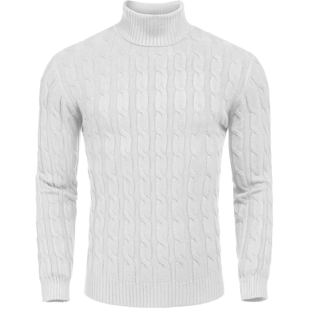 imageCOOFANDY Mens Slim Fit Turtleneck Sweater Casual Twisted Knitted Pullover Sweaters01white