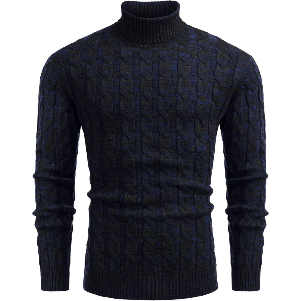 imageCOOFANDY Mens Slim Fit Turtleneck Sweater Casual Twisted Knitted Pullover SweatersBlack and Navy Blue