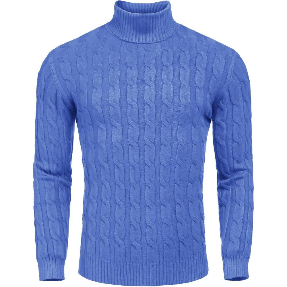 imageCOOFANDY Mens Slim Fit Turtleneck Sweater Casual Twisted Knitted Pullover SweatersBlue