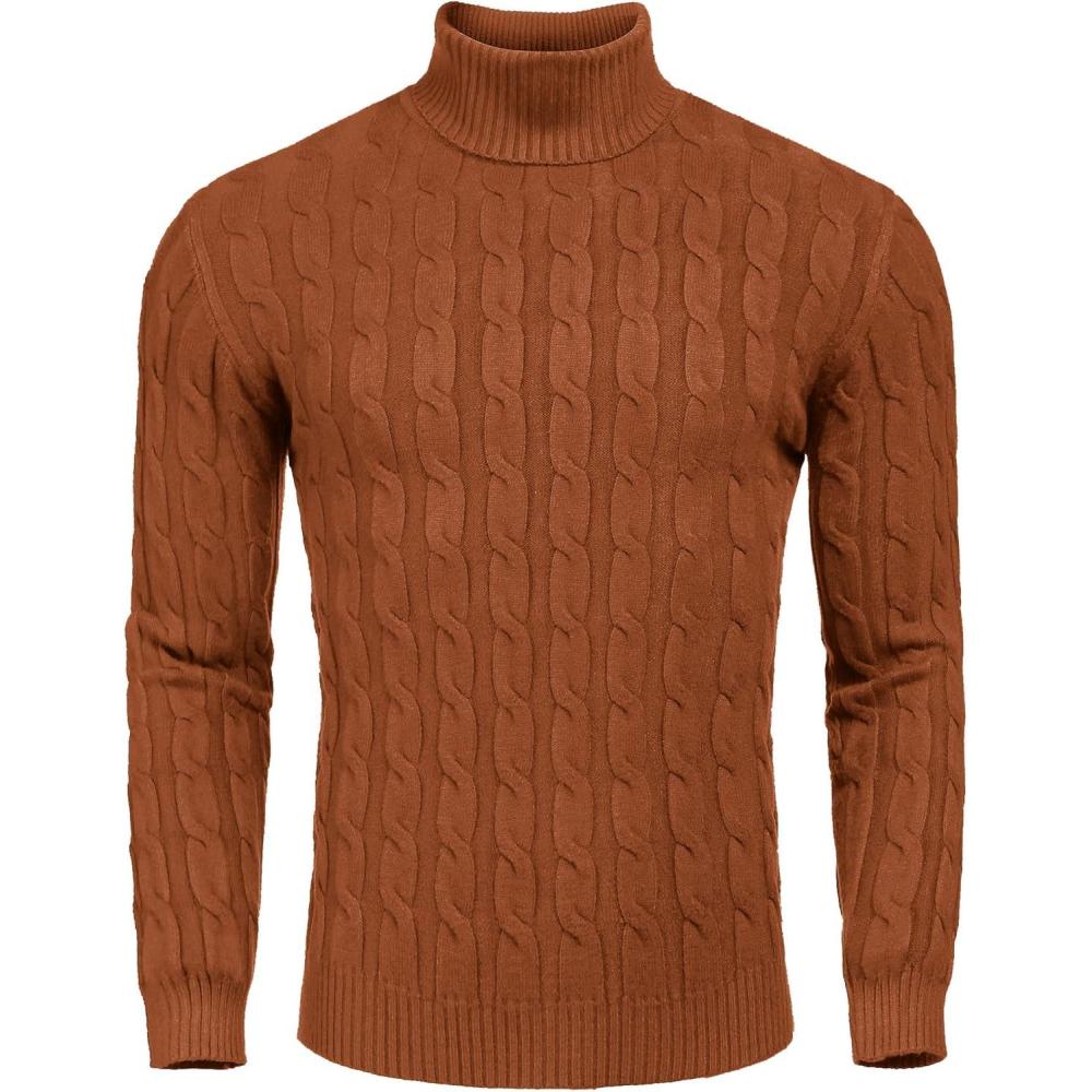 imageCOOFANDY Mens Slim Fit Turtleneck Sweater Casual Twisted Knitted Pullover SweatersBrown