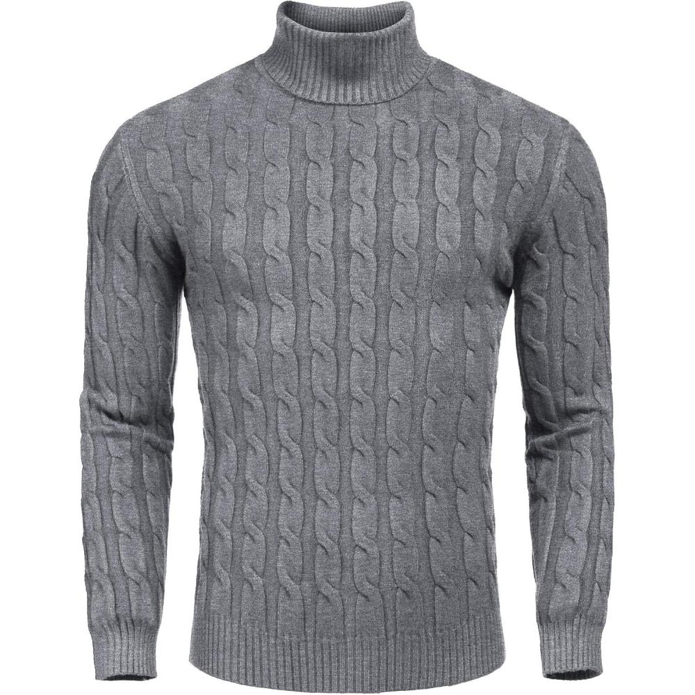 imageCOOFANDY Mens Slim Fit Turtleneck Sweater Casual Twisted Knitted Pullover SweatersDark Gray