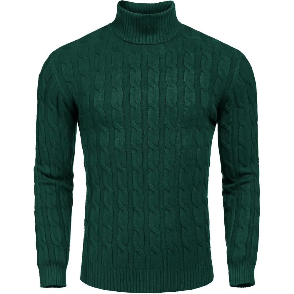 imageCOOFANDY Mens Slim Fit Turtleneck Sweater Casual Twisted Knitted Pullover SweatersGreen