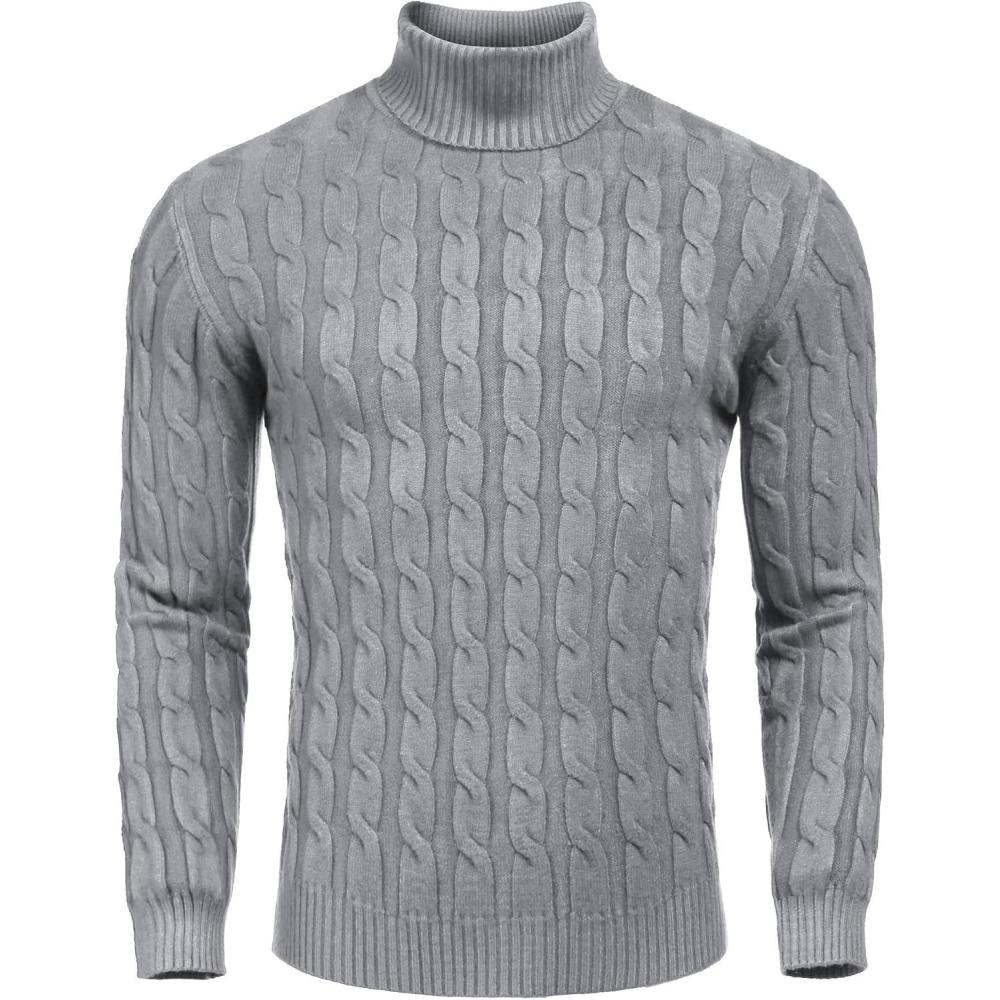 imageCOOFANDY Mens Slim Fit Turtleneck Sweater Casual Twisted Knitted Pullover SweatersGrey