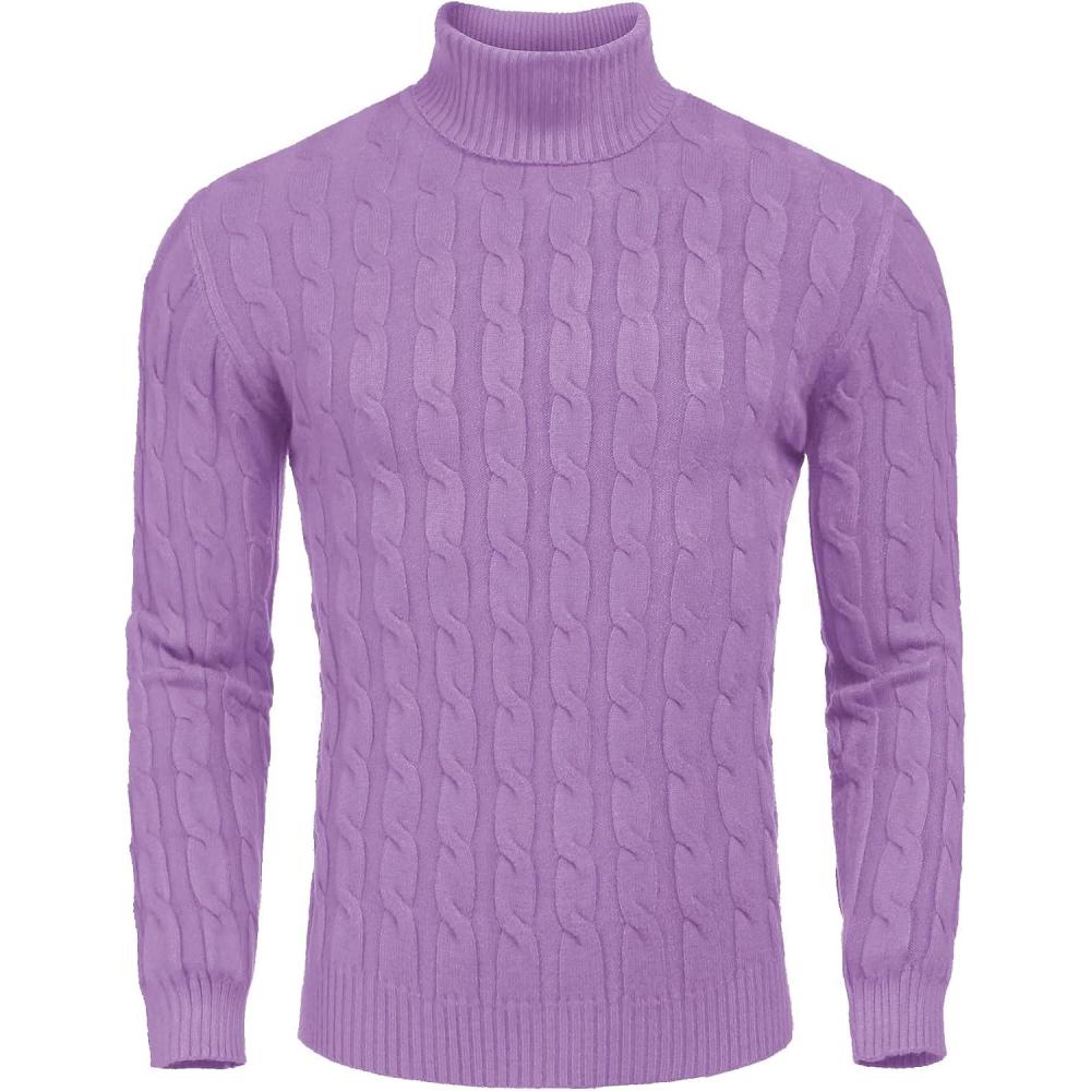 imageCOOFANDY Mens Slim Fit Turtleneck Sweater Casual Twisted Knitted Pullover SweatersLight Purple