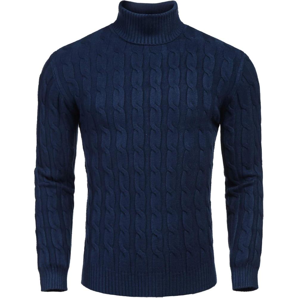 imageCOOFANDY Mens Slim Fit Turtleneck Sweater Casual Twisted Knitted Pullover SweatersNavy Blue