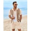 COOFANDY Men’s 2 Piece Outfits Summer Short Sets Vintage Knit Button Down Shirt Short Sleeve Polo Casual Beach Suits(Light Khaki)