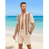 COOFANDY Men’s 2 Piece Outfits Summer Short Sets Vintage Knit Button Down Shirt Short Sleeve Polo Casual Beach Suits(Light Khaki)