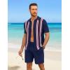 COOFANDY Men’s 2 Piece Outfits Summer Short Sets Vintage Knit Button Down Shirt Short Sleeve Polo Casual Beach Suits(Navy Blue)