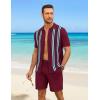 COOFANDY Men’s 2 Piece Outfits Summer Short Sets Vintage Knit Button Down Shirt Short Sleeve Polo Casual Beach Suits(Wine Red)