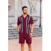 COOFANDY Men’s 2 Piece Outfits Summer Short Sets Vintage Knit Button Down Shirt Short Sleeve Polo Casual Beach Suits(Wine Red)