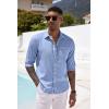 COOFANDY Men’s Casual Button Down Shirt Long Sleeve Linen Chambray Shirt(Light Blue)
