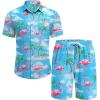 COOFANDY Men’s Hawaiian 2 Piece Outfits Summer Beach Matching Set Short Sleeve Floral Shirts and Shorts(Flamingo Pink Blue)