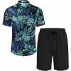 COOFANDY Men’s Hawaiian 2 Piece Outfits Summer Beach Matching Set Short Sleeve Floral Shirts and Shorts(Leaf Blue Black)