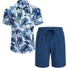 COOFANDY Men’s Hawaiian 2 Piece Outfits Summer Beach Matching Set Short Sleeve Floral Shirts and Shorts(Leaf Blue White)