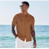 COOFANDY Men’s Knit Shirts Short Sleeve Button Down Polo Shirt Vintage Casual Beach Shirt Summer Tops(Light Brown)
