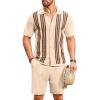 COOFANDY Men’s 2 Piece Outfits Summer Short Sets Vintage Knit Button Down Shirt Short Sleeve Polo Casual Beach Suits(Light Khaki)
