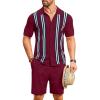 COOFANDY Men’s 2 Piece Outfits Summer Short Sets Vintage Knit Button Down Shirt Short Sleeve Polo Casual Beach Suits(Wine Red)