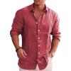 COOFANDY Men’s Casual Button Down Shirt Long Sleeve Linen Chambray Shirt(1- Red)
