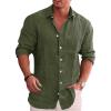 COOFANDY Men’s Casual Button Down Shirt Long Sleeve Linen Chambray Shirt(Army Green)