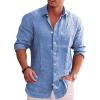 COOFANDY Men’s Casual Button Down Shirt Long Sleeve Linen Chambray Shirt(Light Blue)