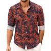 COOFANDY Men’s Casual Button Down Shirt Long Sleeve Linen Chambray Shirt(Red Printed Leaves)