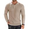 COOFANDY Men’s Knit Polo Shirts Long Sleeve Sweater Polo Lightweight Fashion Casual Collared Shirts(Striped-light Khaki)