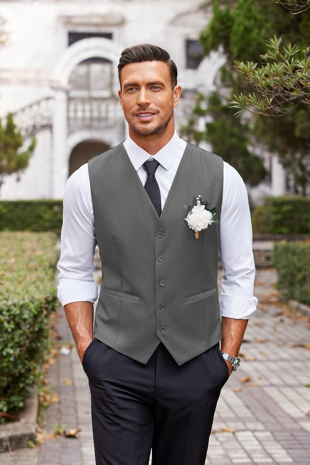 imageCOOFANDY Mens Business Suit Vest Casual Dress Vest Slim Fit Formal WaistcoatDark Grey