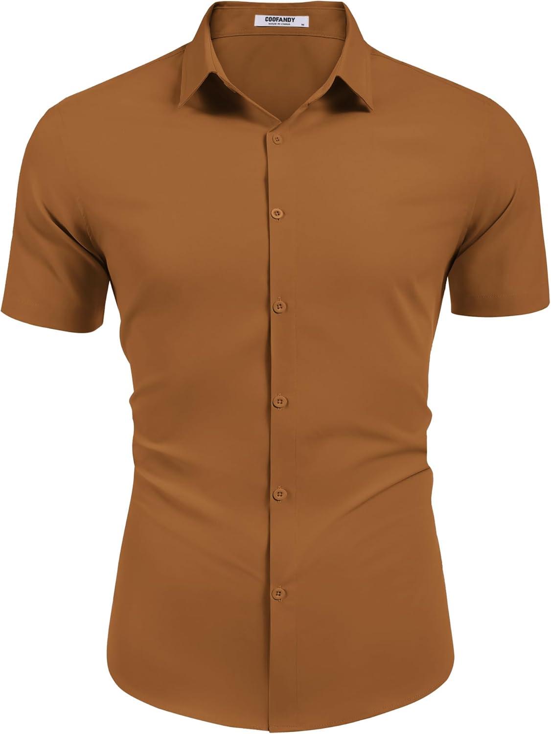 imageCOOFANDY Mens Casual Short Sleeve Button Down Shirts Untucked Dress Shirts Wrinkle Free Summer Wedding Shirts SolidLight Brown