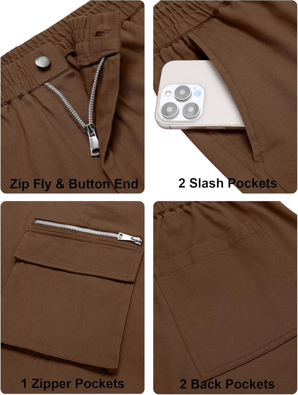 imageCOOFANDY Mens Cotton Cargo Pants Relaxed Fit Elastic Waist Casual Pants Stretch Work Cargo Pant with PocketsBrown