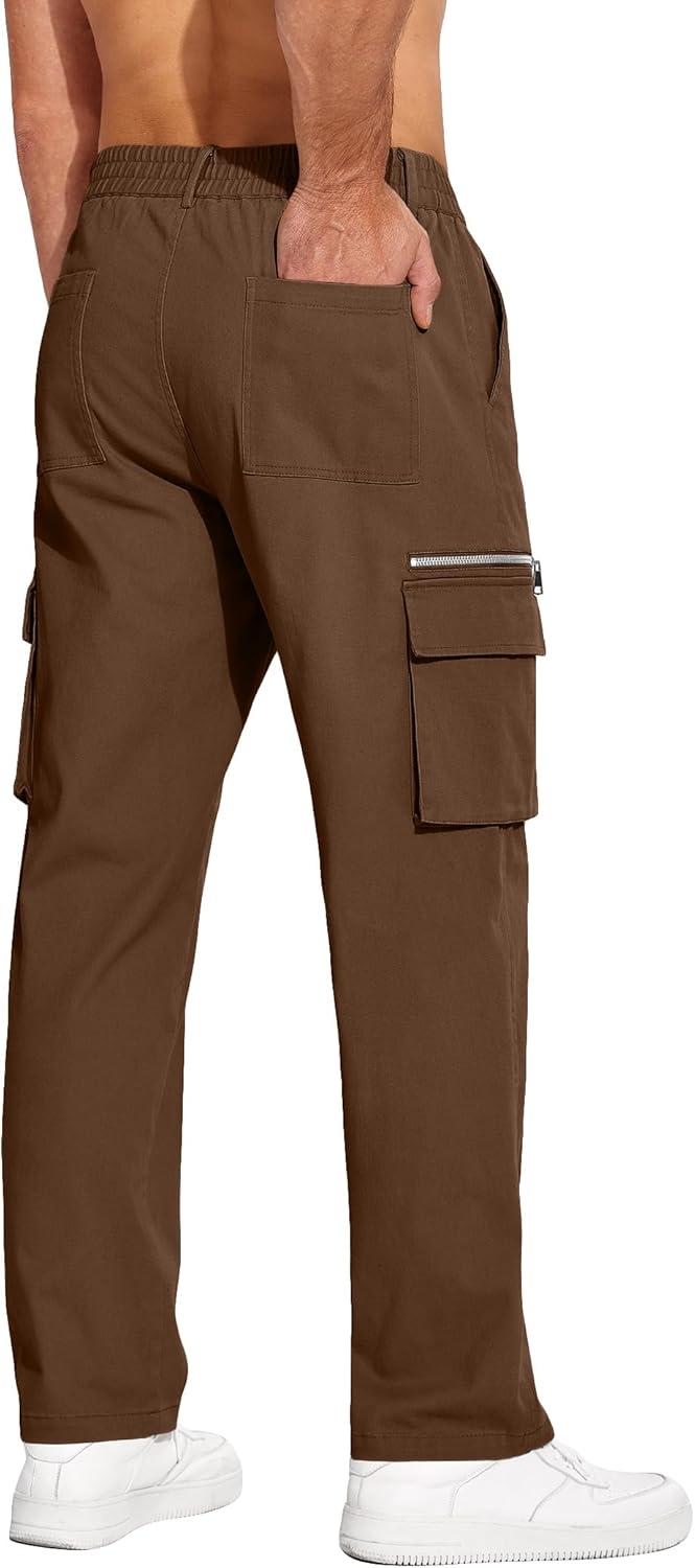 imageCOOFANDY Mens Cotton Cargo Pants Relaxed Fit Elastic Waist Casual Pants Stretch Work Cargo Pant with PocketsBrown