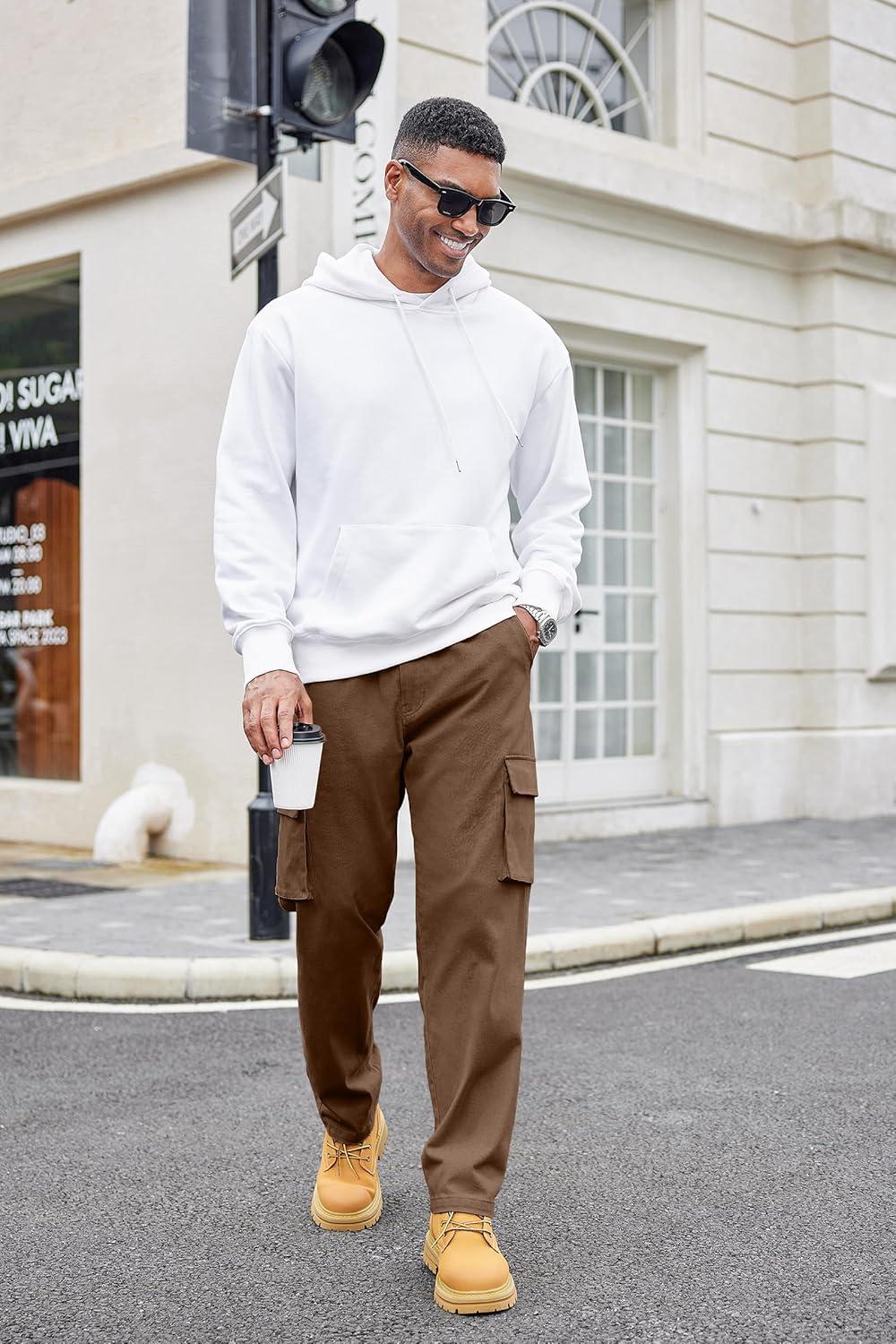 imageCOOFANDY Mens Cotton Cargo Pants Relaxed Fit Elastic Waist Casual Pants Stretch Work Cargo Pant with PocketsBrown