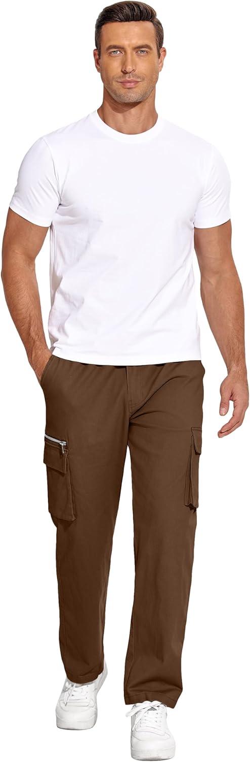 imageCOOFANDY Mens Cotton Cargo Pants Relaxed Fit Elastic Waist Casual Pants Stretch Work Cargo Pant with PocketsBrown