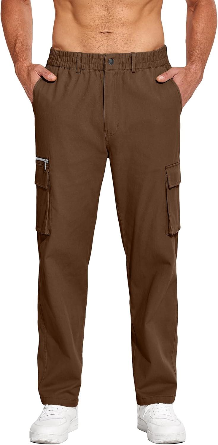 imageCOOFANDY Mens Cotton Cargo Pants Relaxed Fit Elastic Waist Casual Pants Stretch Work Cargo Pant with PocketsBrown