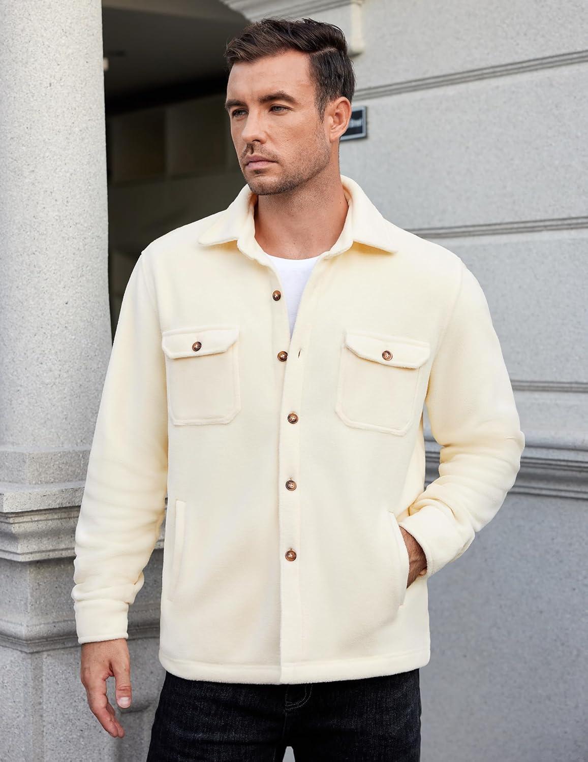 imageCOOFANDY Mens Polar Fleece Shacket Long Sleeve Casual Button Down Shirt Jacket with PocketsBeige