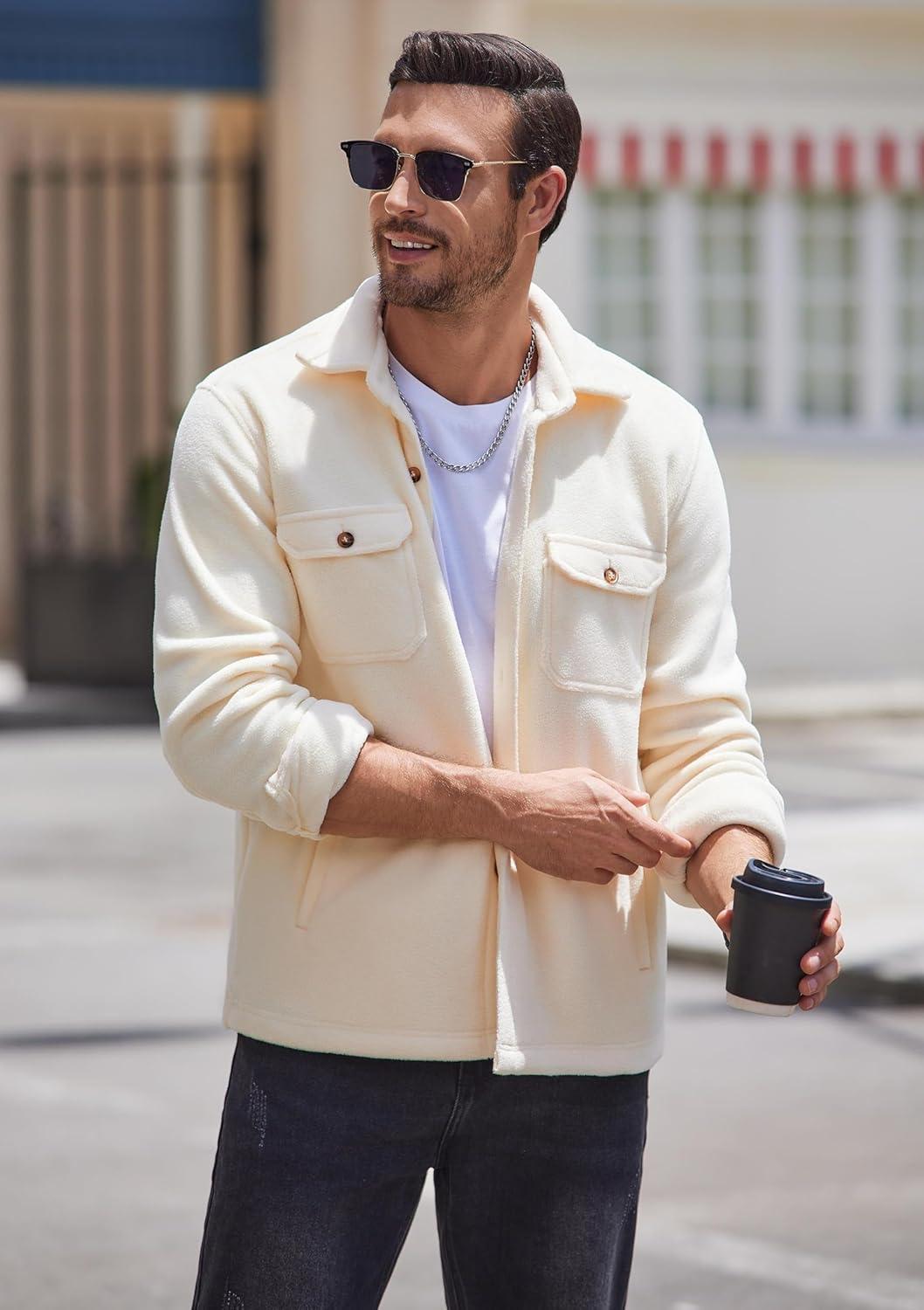 imageCOOFANDY Mens Polar Fleece Shacket Long Sleeve Casual Button Down Shirt Jacket with PocketsBeige